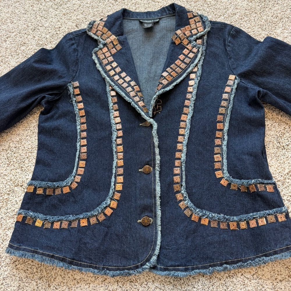 Vintage Style Studded Denim Jacket Chez Vouzde France Boho Western Large - Picture 3 of 13